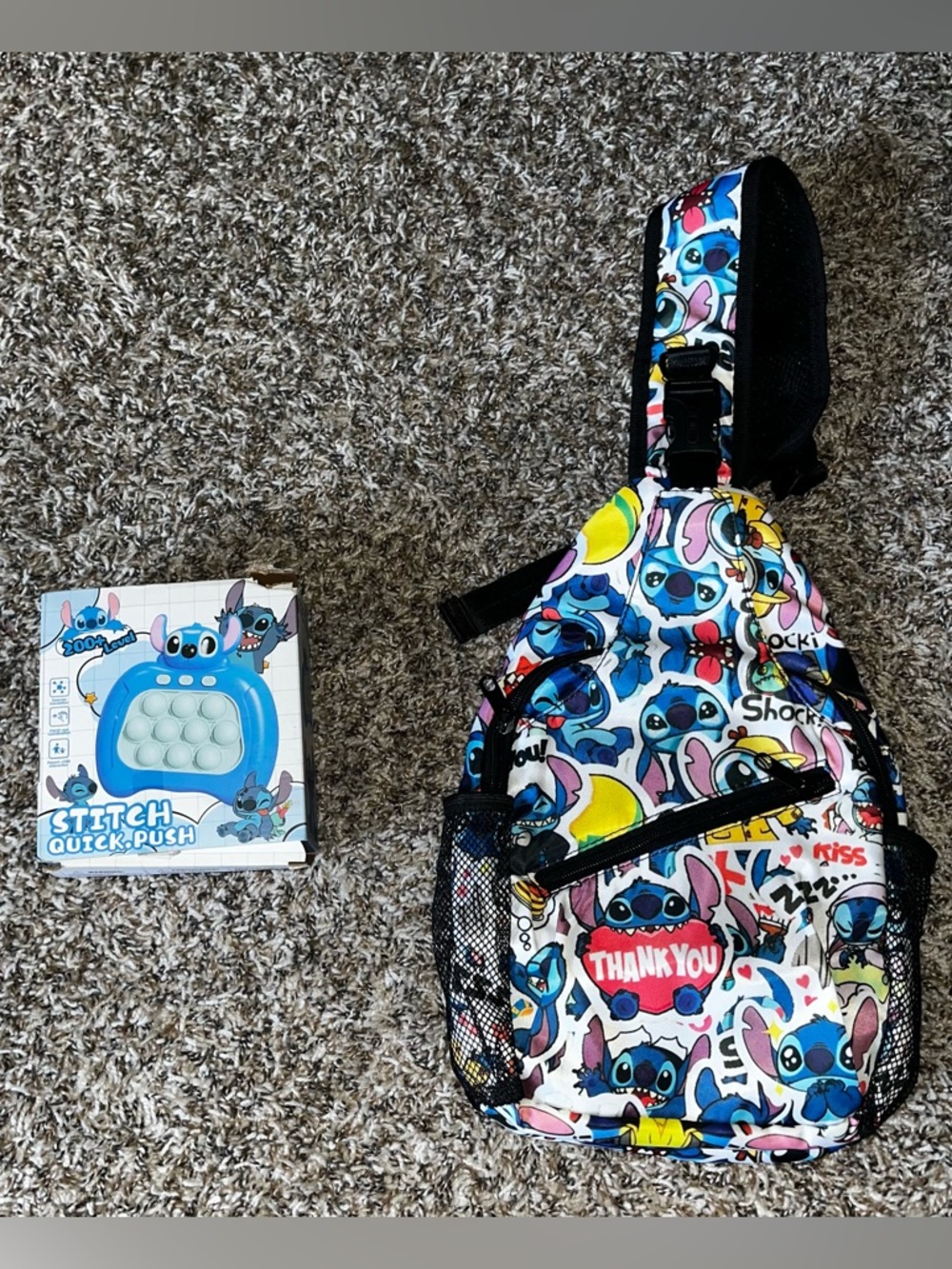 Stitch Pattern Kids Sling Backpack with pop it toy